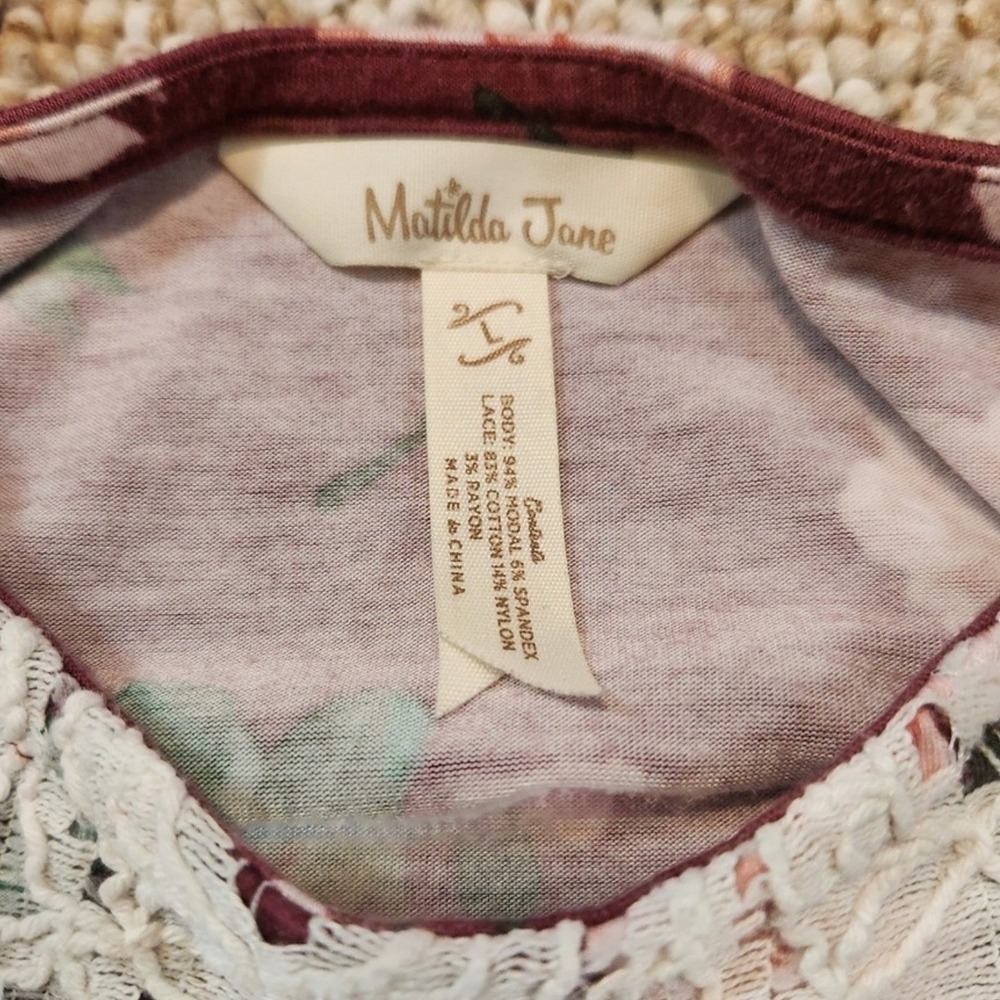 Matilda Jane Burgundy Floral Lace Yoke Long Sleeve Tunic Top XS - Picture 5 of 9